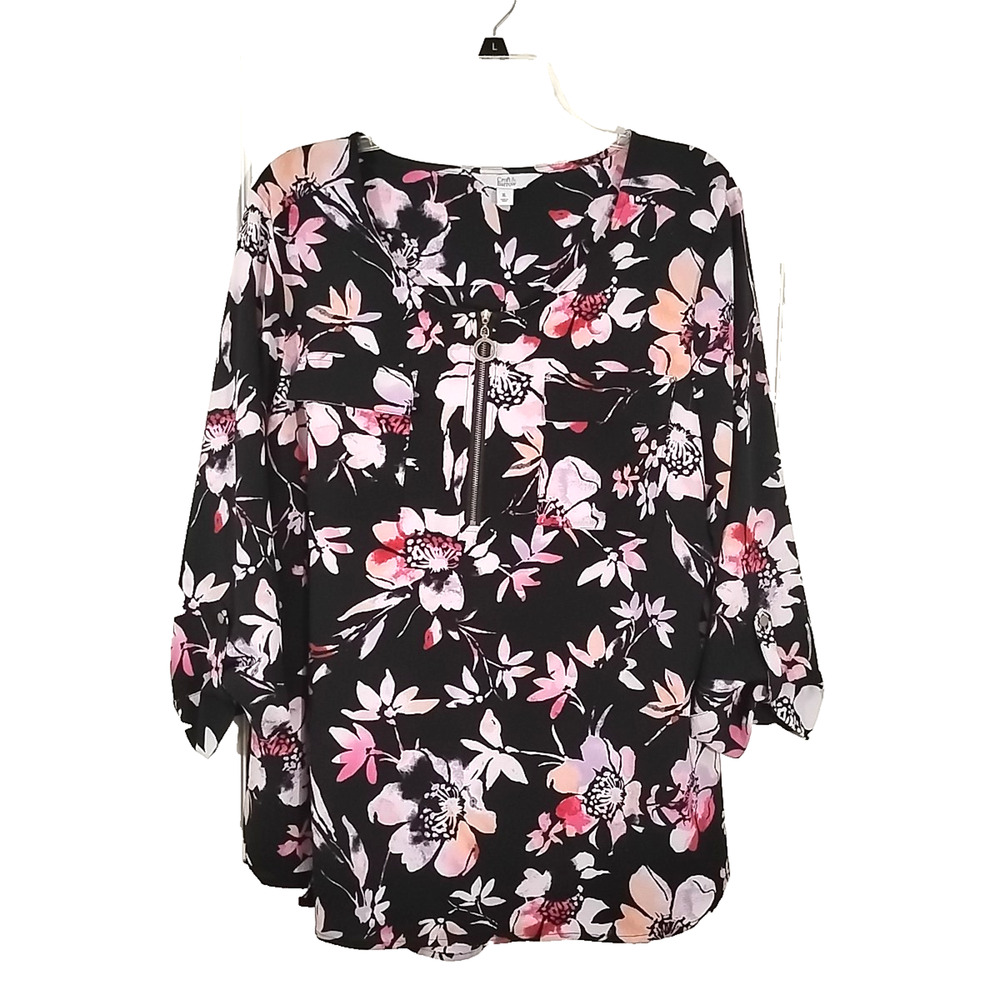 Croft & Barrow Womens XL Black Floral Top 1/4 Zip 3/4 Sleeve Lightweight